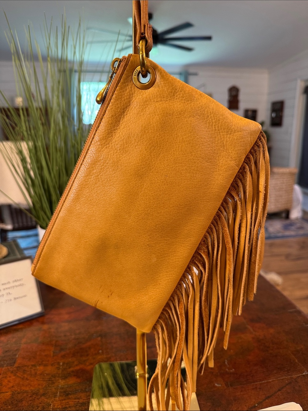 HOBO Camel Yellow Fringe Leather Wristlet - Picture 4 of 9